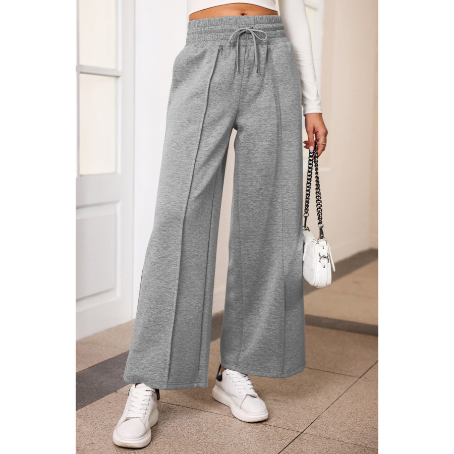 Drawstring Wide Leg Pants with Pockets Heather Gray / S Apparel and Accessories