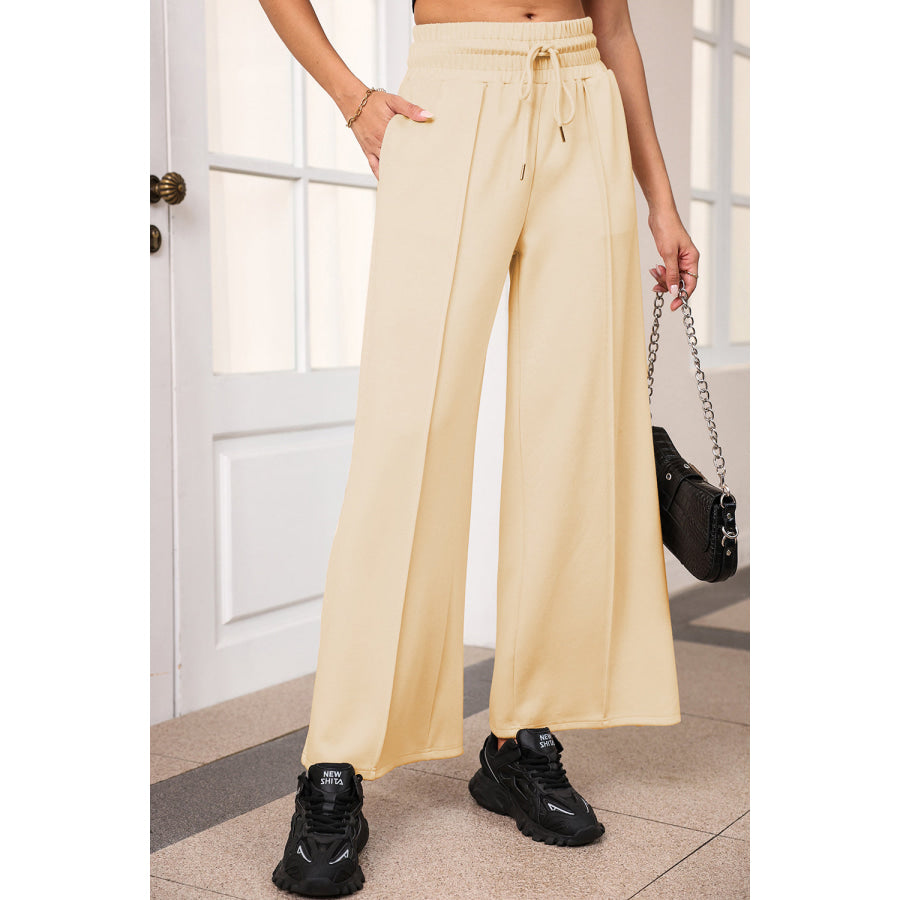 Drawstring Wide Leg Pants with Pockets Pastel Yellow / S Apparel and Accessories