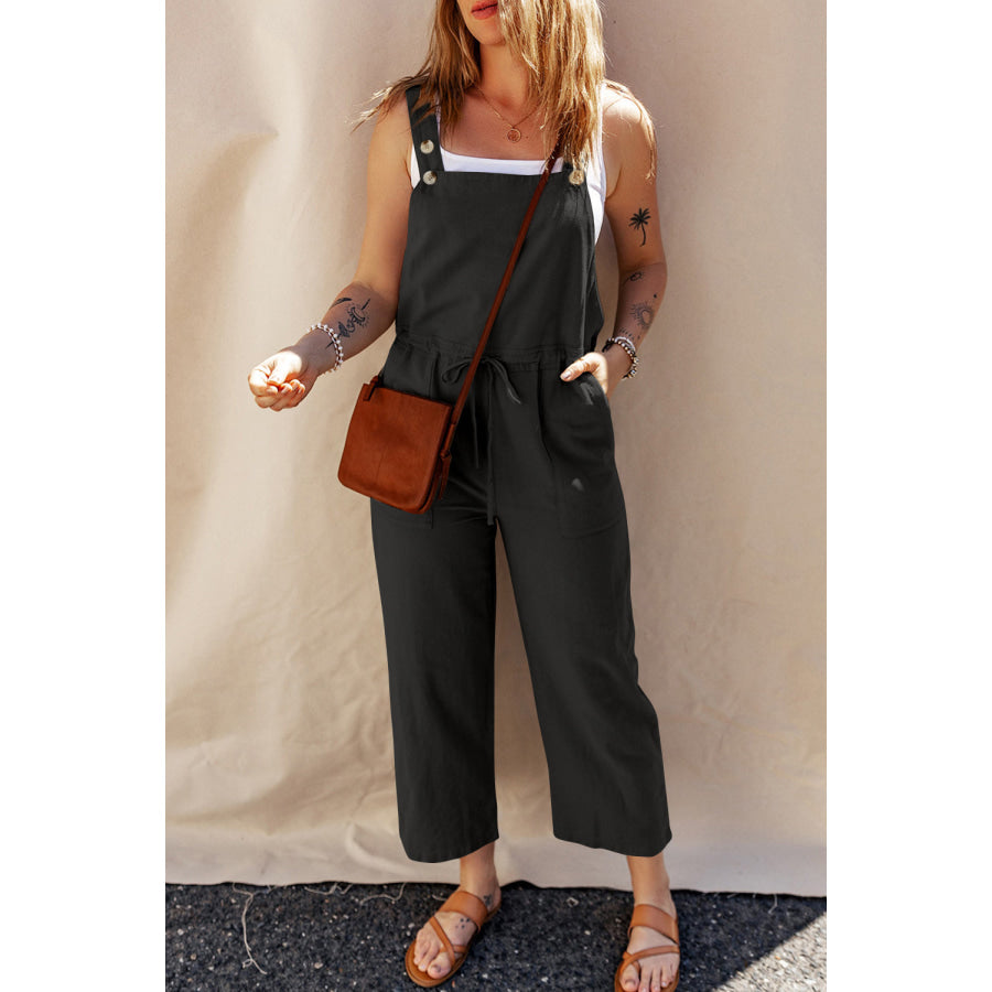 Drawstring Wide Strap Overalls with Pockets Black / S Apparel and Accessories