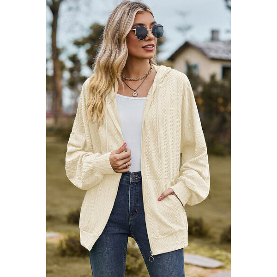 Drawstring Zip Up Dropped Shoulder Hoodie Apparel and Accessories