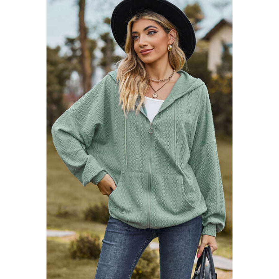 Drawstring Zip Up Dropped Shoulder Hoodie Apparel and Accessories