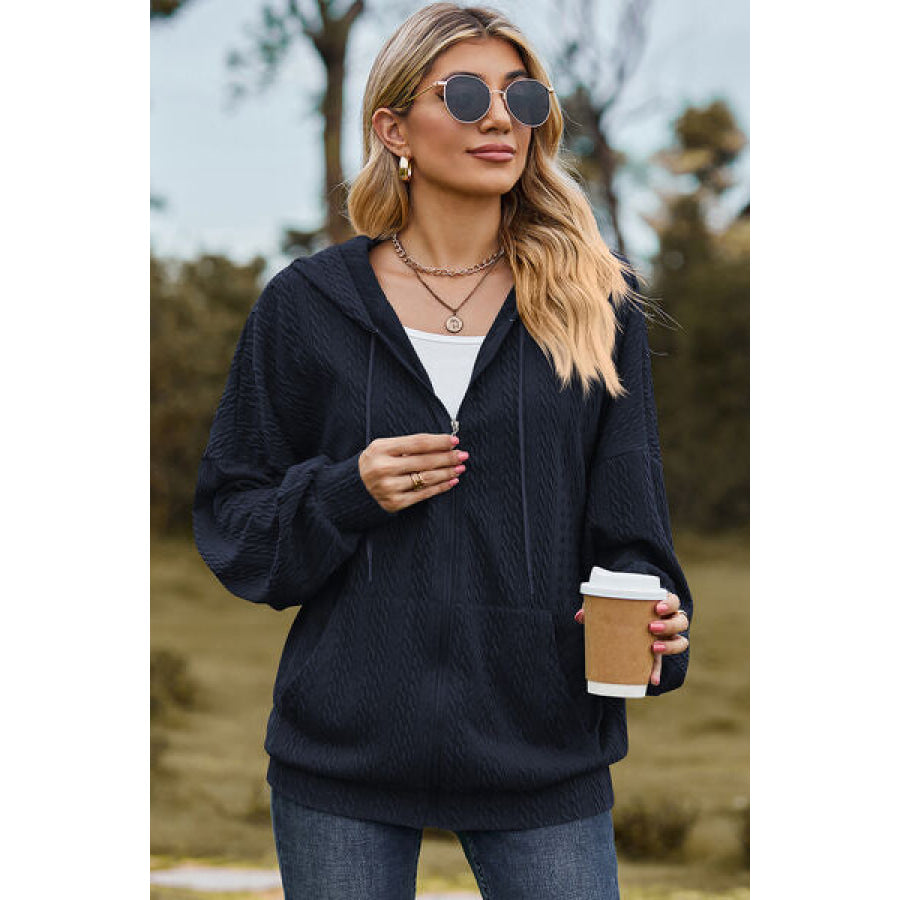 Drawstring Zip Up Dropped Shoulder Hoodie Apparel and Accessories