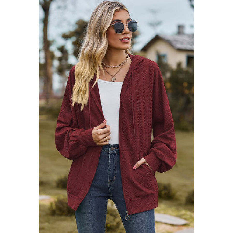 Drawstring Zip Up Dropped Shoulder Hoodie Apparel and Accessories