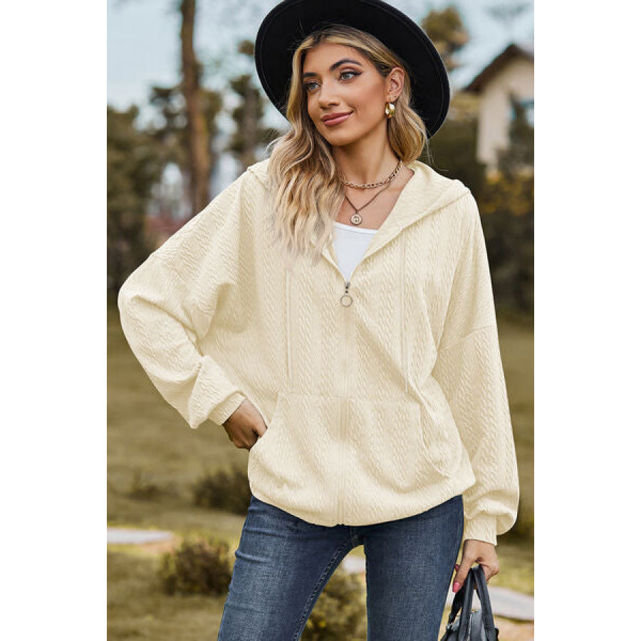 Drawstring Zip Up Dropped Shoulder Hoodie Cream / S Apparel and Accessories