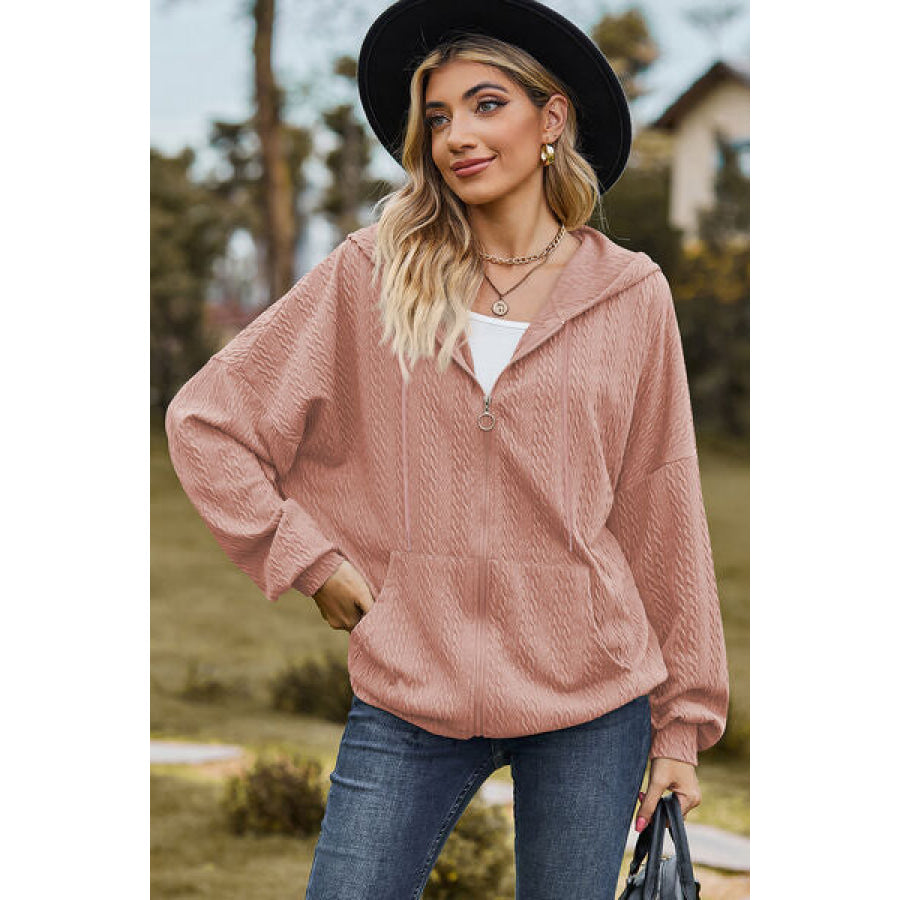 Drawstring Zip Up Dropped Shoulder Hoodie Light Mauve / S Apparel and Accessories