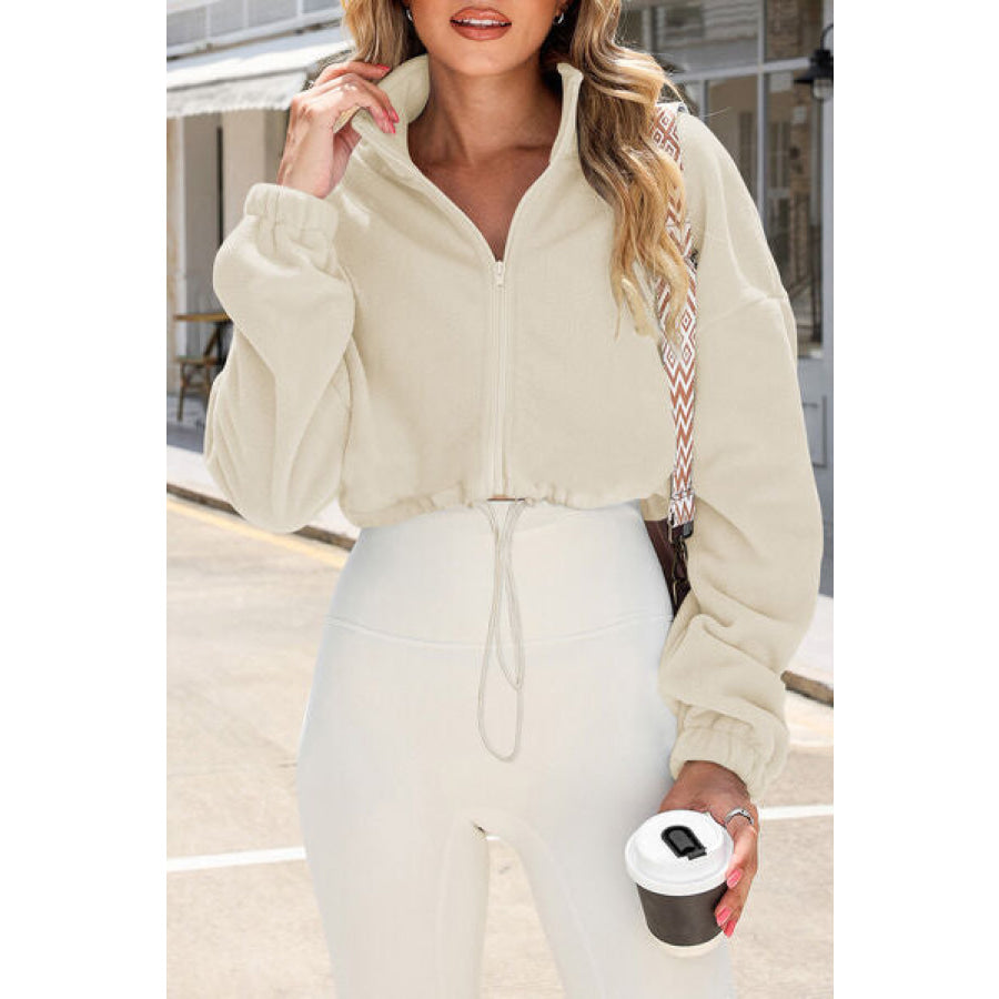 Drawstring Zip Up Dropped Shoulder Outerwear Apparel and Accessories