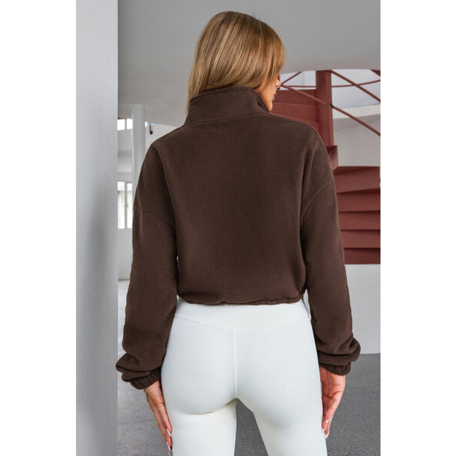 Drawstring Zip Up Dropped Shoulder Outerwear Chocolate / S Apparel and Accessories