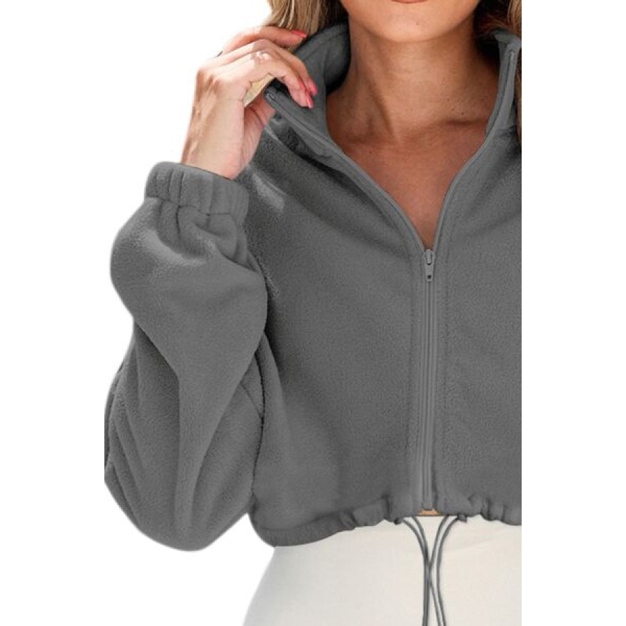 Drawstring Zip Up Dropped Shoulder Outerwear Apparel and Accessories