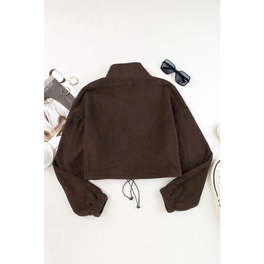 Drawstring Zip Up Dropped Shoulder Outerwear Apparel and Accessories