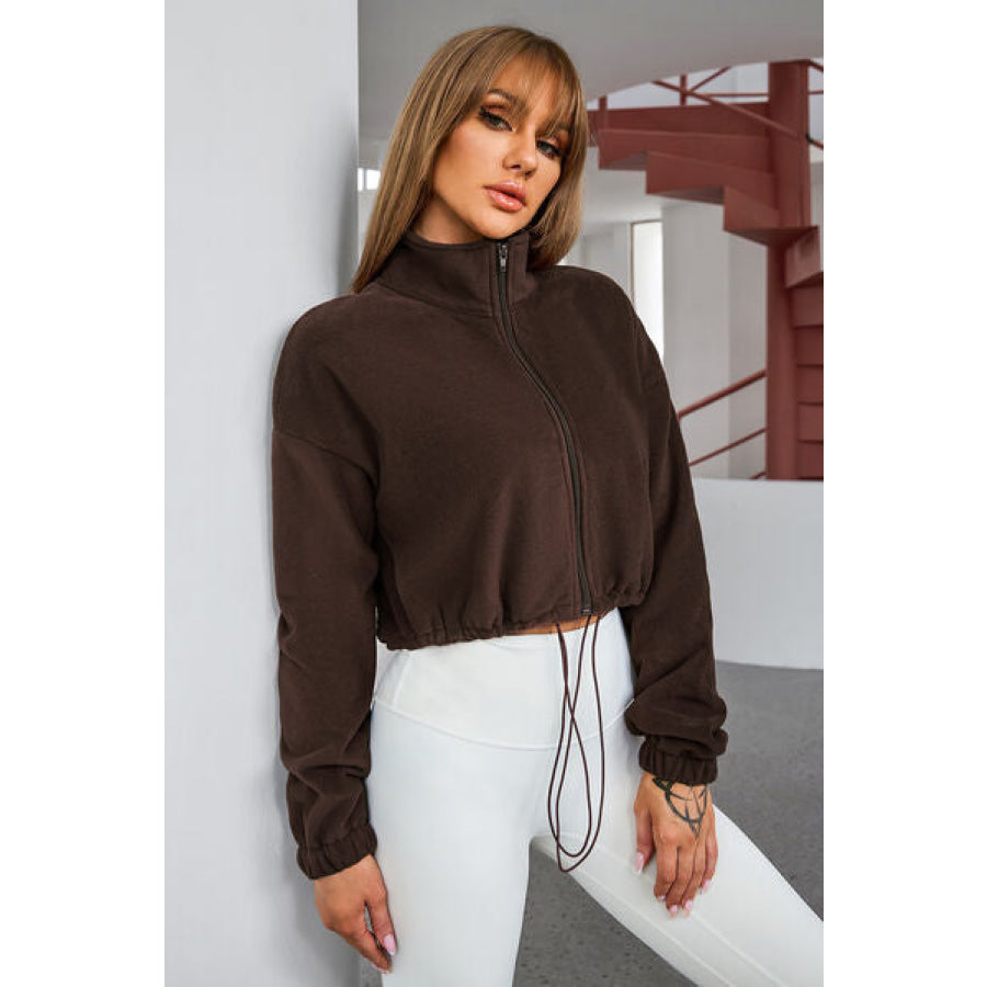 Drawstring Zip Up Dropped Shoulder Outerwear Chocolate / S Apparel and Accessories