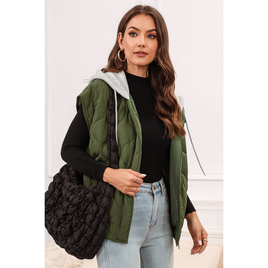 Drawstring Zip Up Hooded Vest Coat Apparel and Accessories