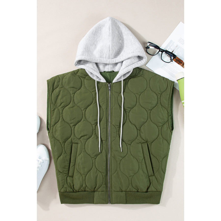 Drawstring Zip Up Hooded Vest Coat Apparel and Accessories