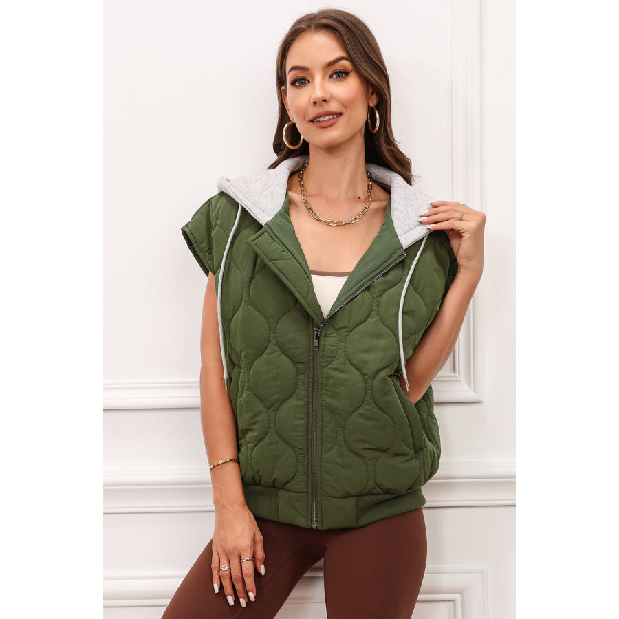 Drawstring Zip Up Hooded Vest Coat Apparel and Accessories