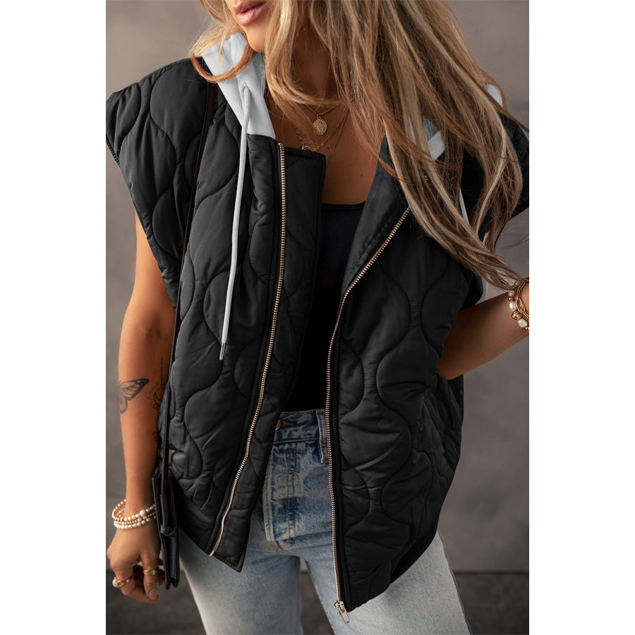 Drawstring Zip Up Hooded Vest Coat Black / S Apparel and Accessories