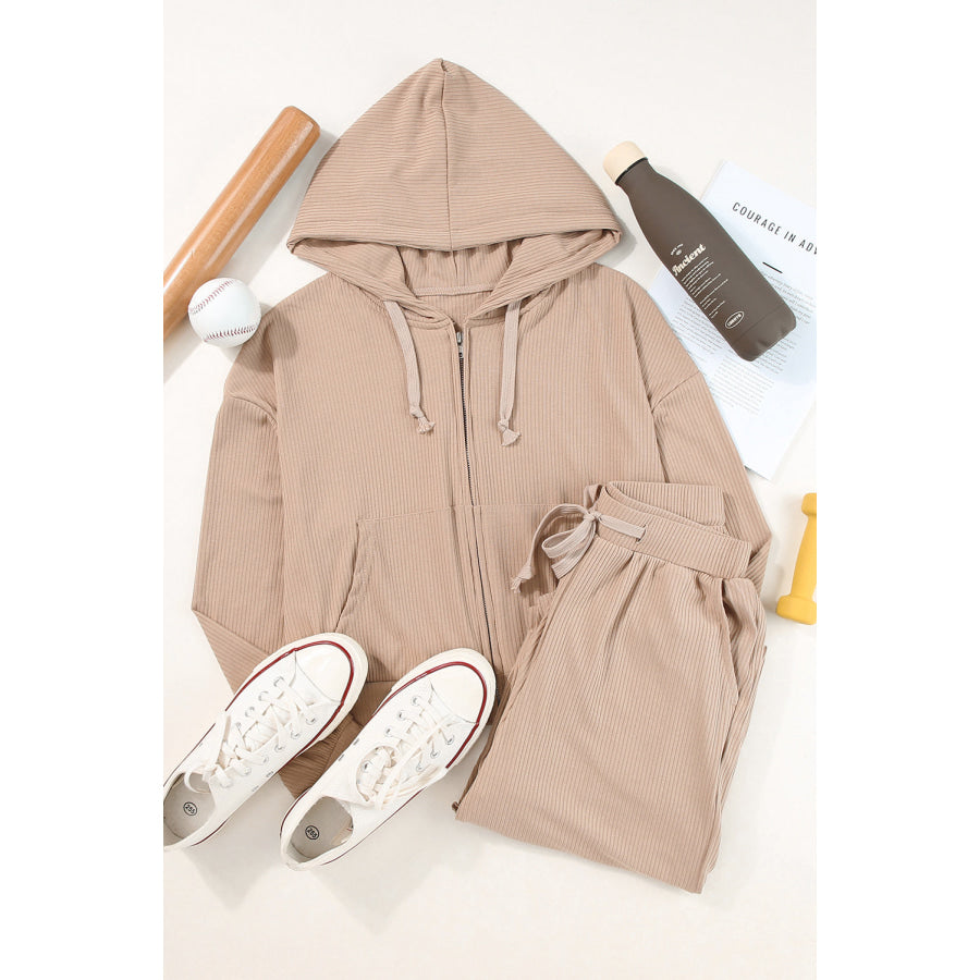 Drawstring Zip Up Hoodie and Pants Active Set Apparel Accessories