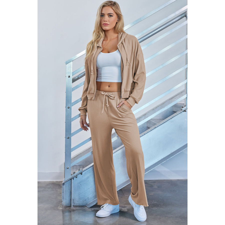Drawstring Zip Up Hoodie and Pants Active Set Apparel Accessories