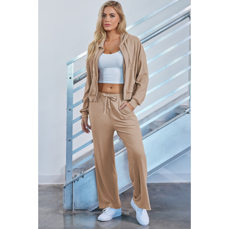 Drawstring Zip Up Hoodie and Pants Active Set Khaki / S Apparel Accessories