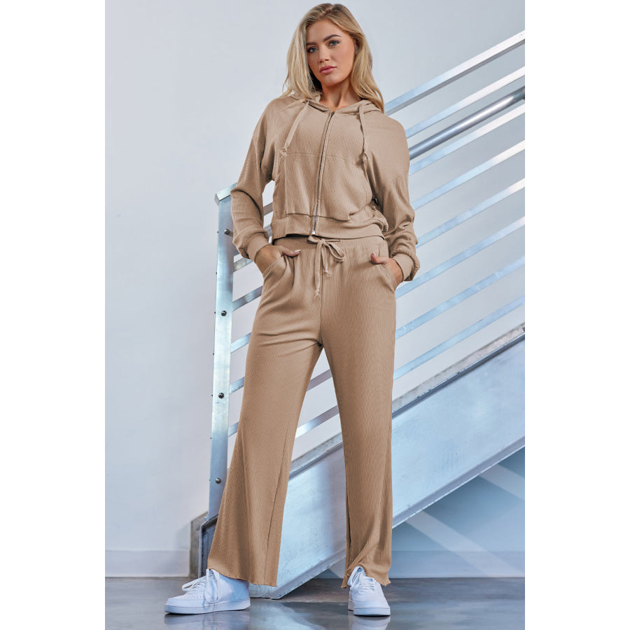 Drawstring Zip Up Hoodie and Pants Active Set Khaki / S Apparel Accessories