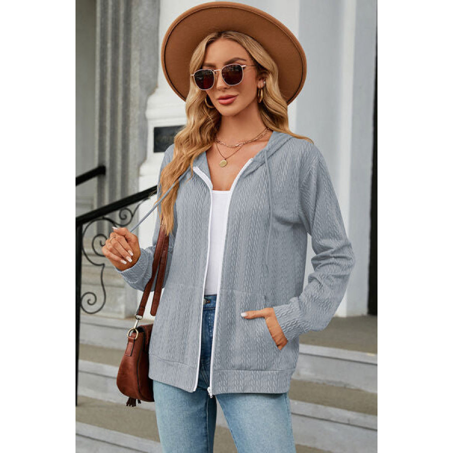 Drawstring Zip Up Long Sleeve Hoodie Apparel and Accessories