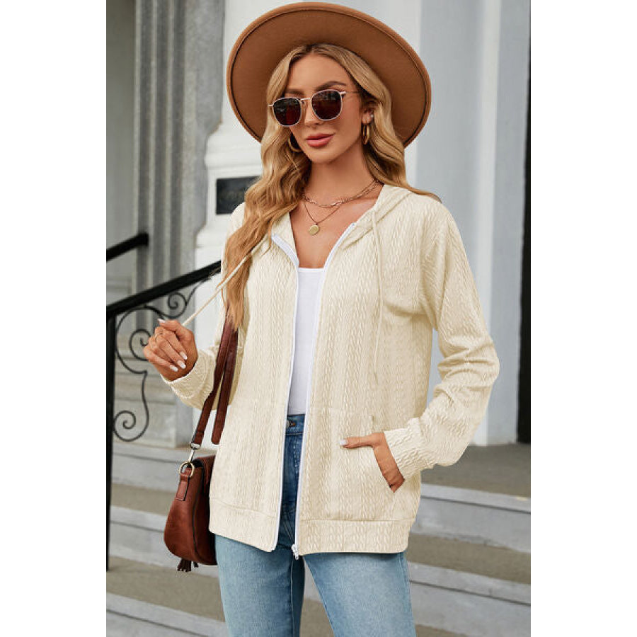 Drawstring Zip Up Long Sleeve Hoodie Cream / S Apparel and Accessories