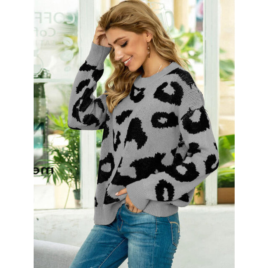 Drop Shoulder Leopard Pullover Sweater Clothing