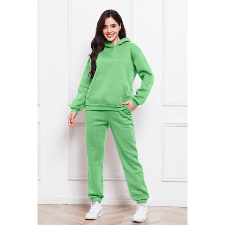 Drop Shoulder Long Sleeve Hoodie and Pants Set Mint Green / S Clothing
