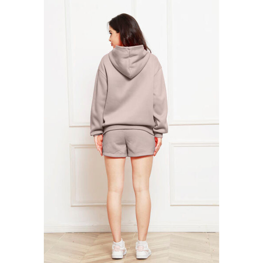 Drop Shoulder Long Sleeve Hoodie and Shorts Set Clothing