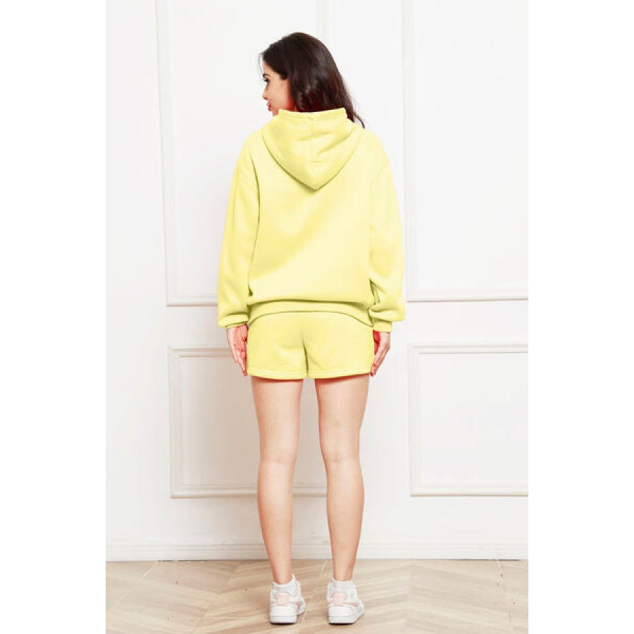 Drop Shoulder Long Sleeve Hoodie and Shorts Set Butter Yellow / S Clothing