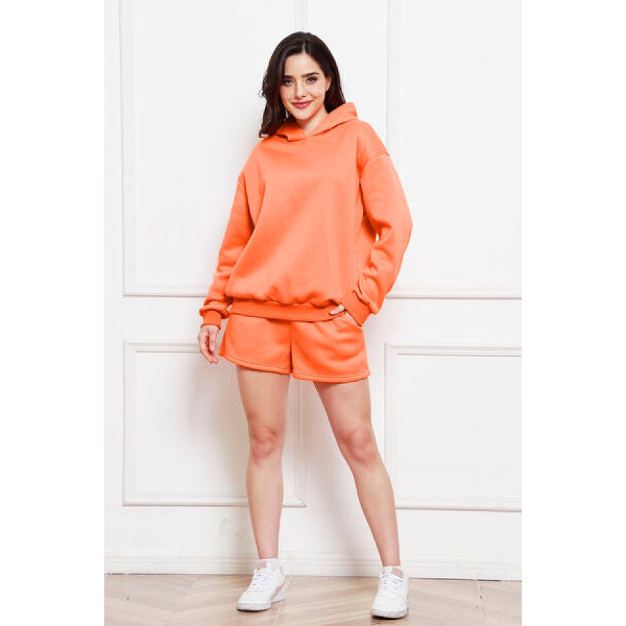 Drop Shoulder Long Sleeve Hoodie and Shorts Set Pumpkin / S Clothing