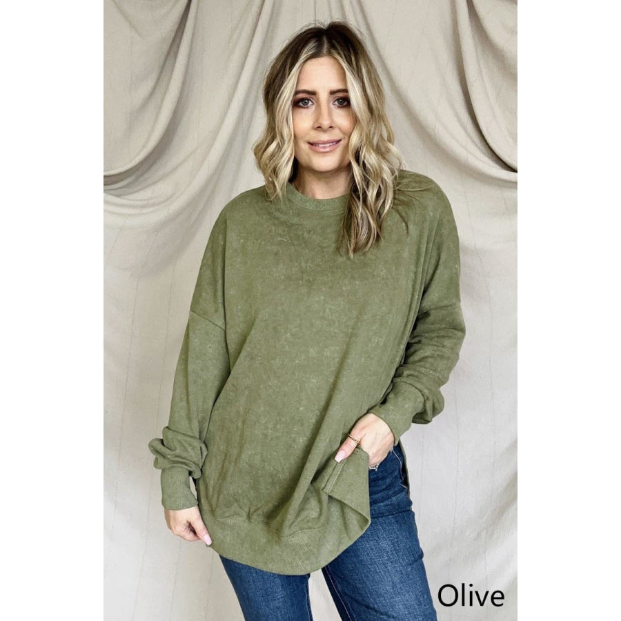 Drop Shoulder Ribbed Trim Oversized Sweatshirt Olive / S Sweatshirts