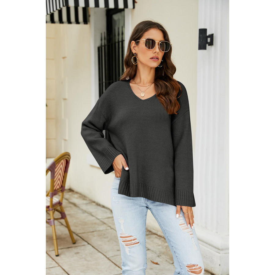 Drop Shoulder V-Neck Knit Pullover Black / S