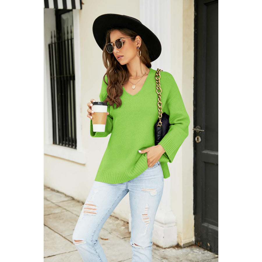 Drop Shoulder V-Neck Knit Pullover Lime / S
