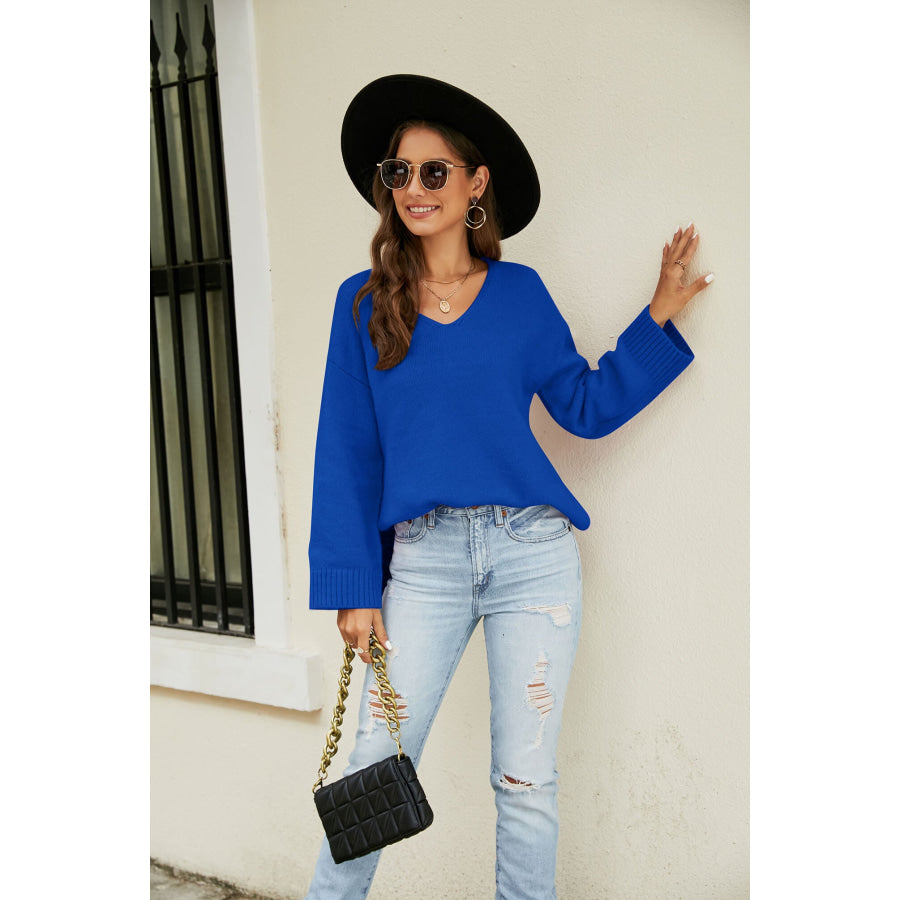 Drop Shoulder V-Neck Knit Pullover Royal Blue / S