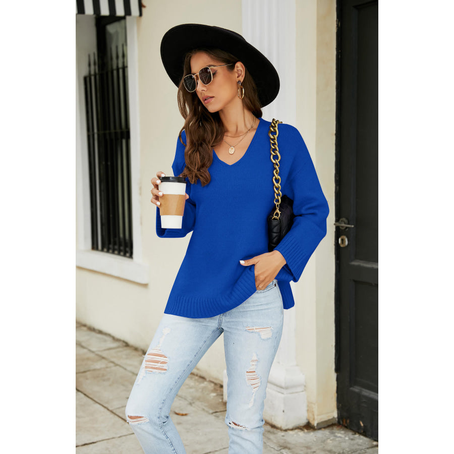 Drop Shoulder V-Neck Knit Pullover