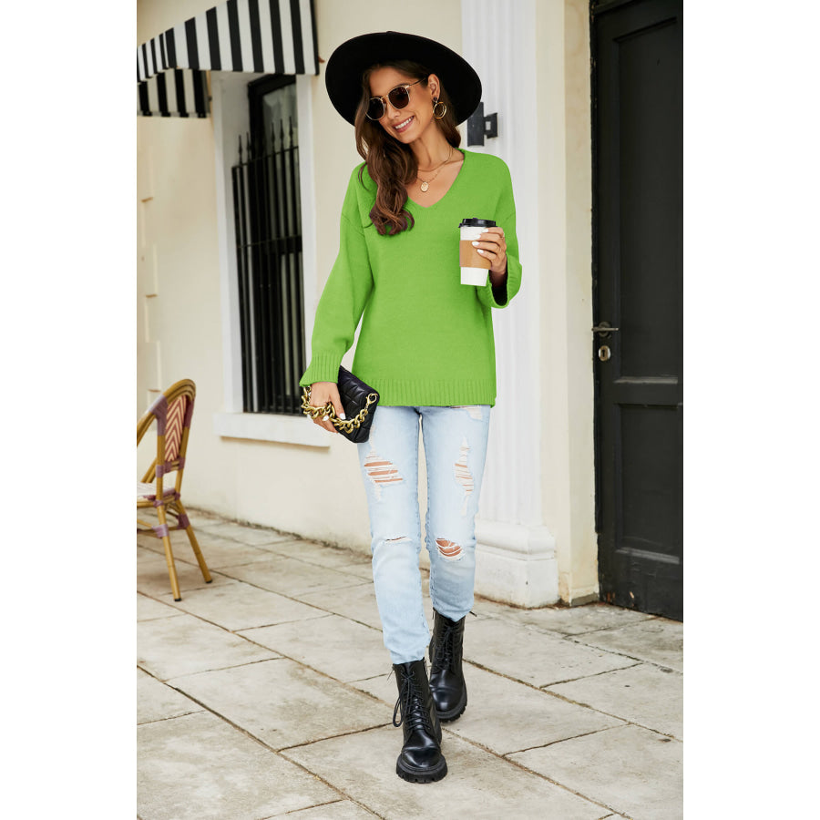 Drop Shoulder V-Neck Knit Pullover