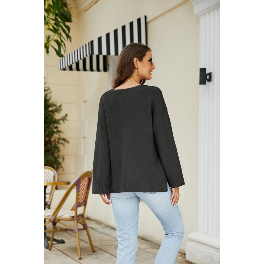 Drop Shoulder V-Neck Knit Pullover