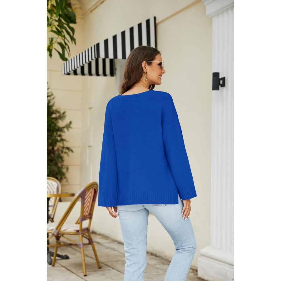 Drop Shoulder V-Neck Knit Pullover