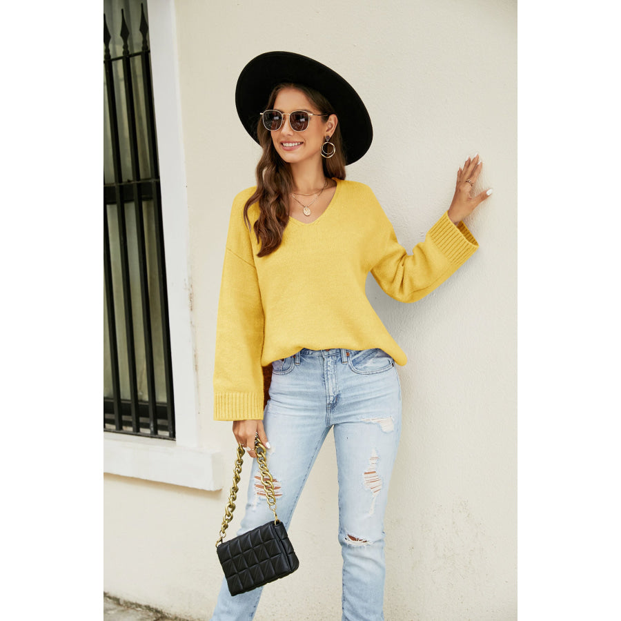 Drop Shoulder V-Neck Knit Pullover