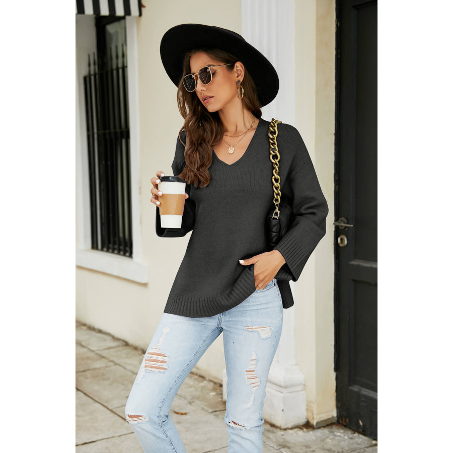 Drop Shoulder V-Neck Knit Pullover