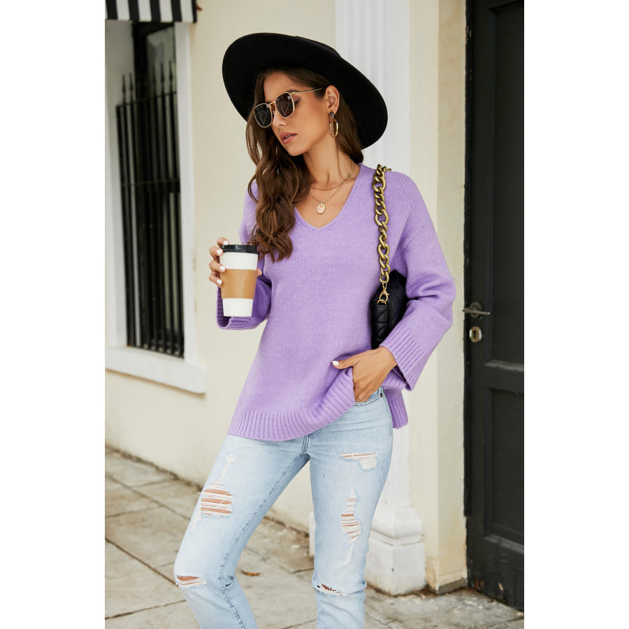 Drop Shoulder V-Neck Knit Pullover