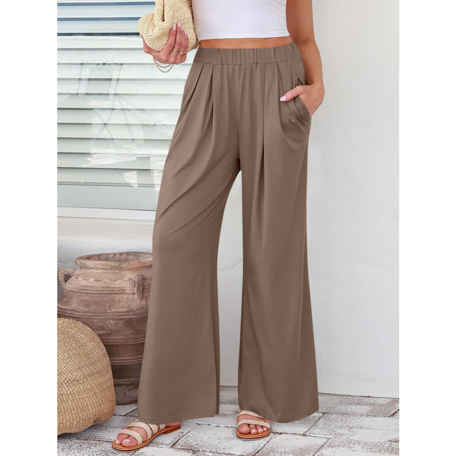 Elastic Waist Wide Leg Pants Taupe / XS Apparel and Accessories