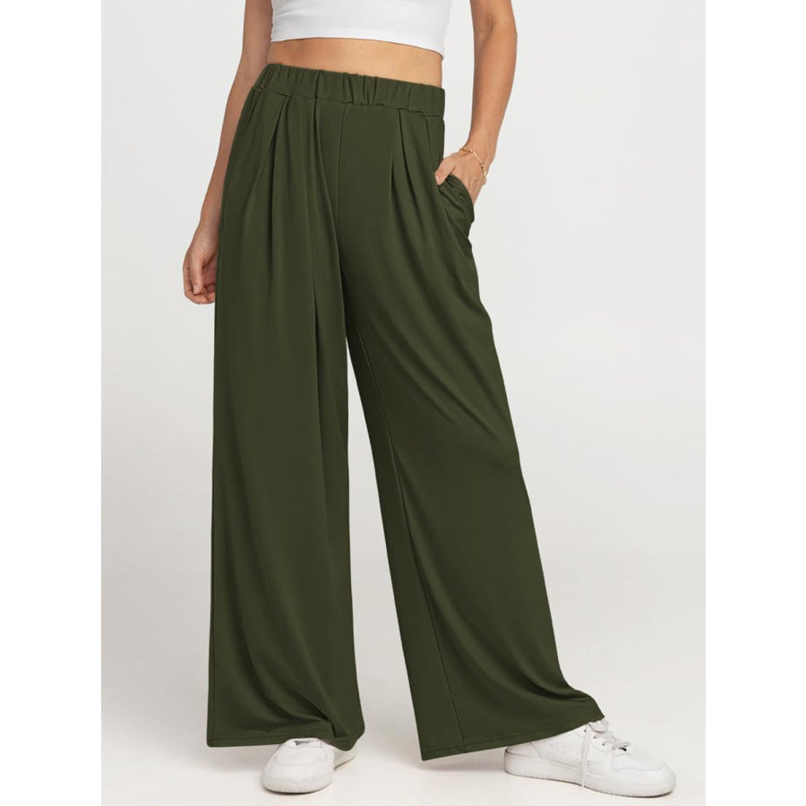 Elastic Waist Wide Leg Pants Army Green / XS Apparel and Accessories