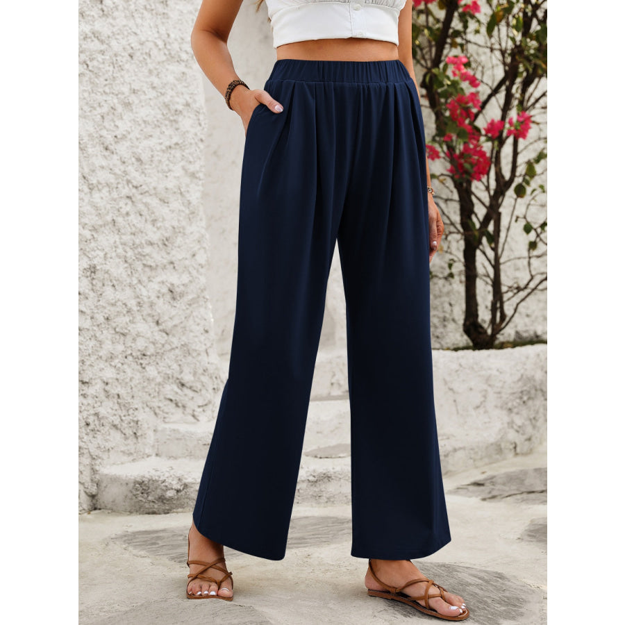Elastic Waist Wide Leg Pants Navy / XS Apparel and Accessories
