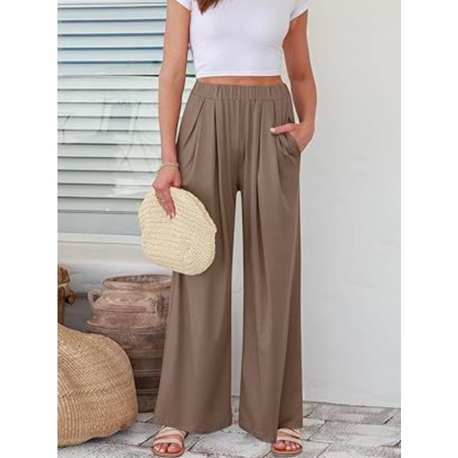 Elastic Waist Wide Leg Pants Taupe / XS Apparel and Accessories