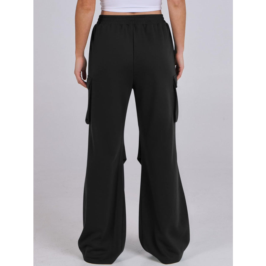 Elastic Waist Wide Leg Pants with Pockets Apparel and Accessories
