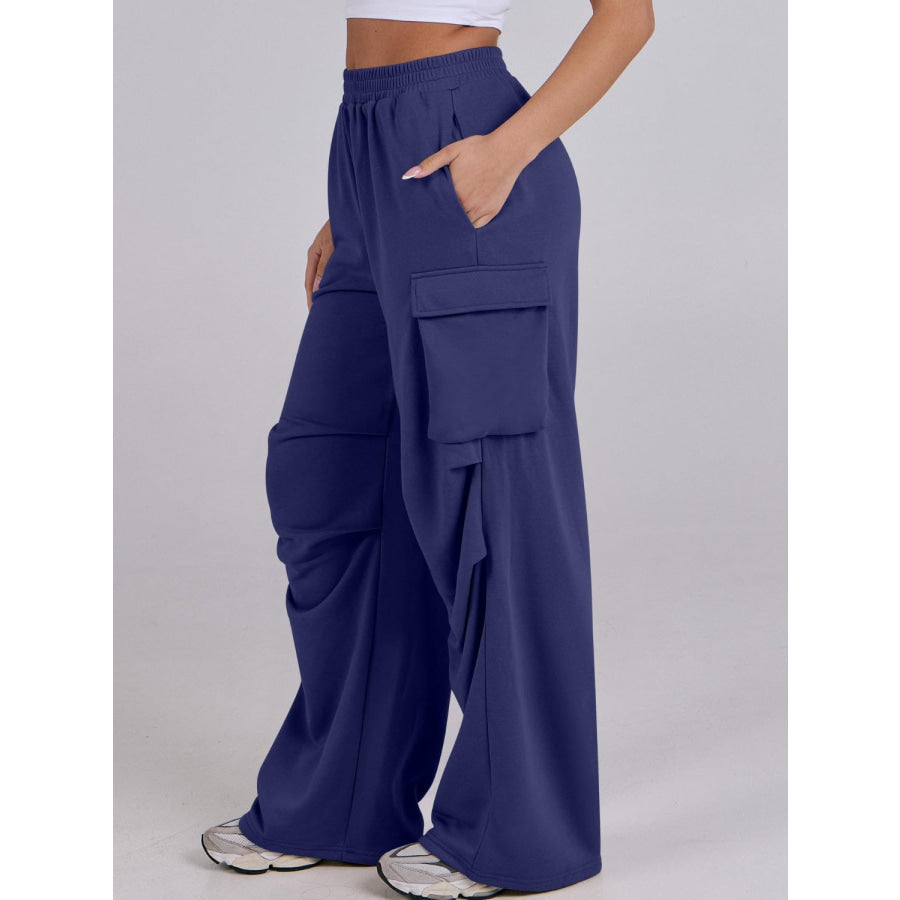 Elastic Waist Wide Leg Pants with Pockets Apparel and Accessories
