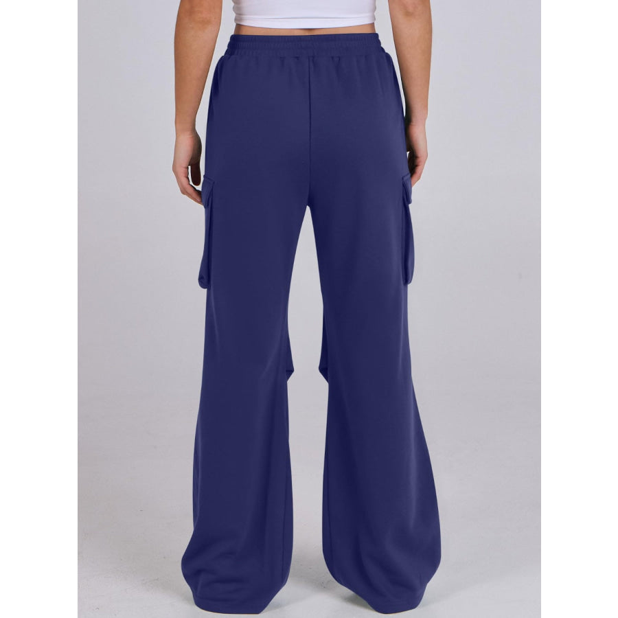 Elastic Waist Wide Leg Pants with Pockets Apparel and Accessories
