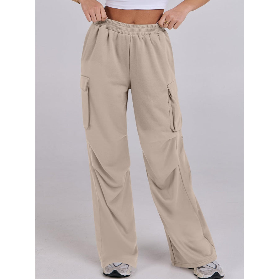 Elastic Waist Wide Leg Pants with Pockets Apparel and Accessories