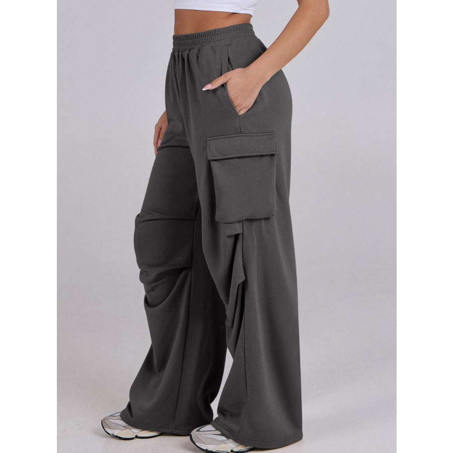 Elastic Waist Wide Leg Pants with Pockets Apparel and Accessories