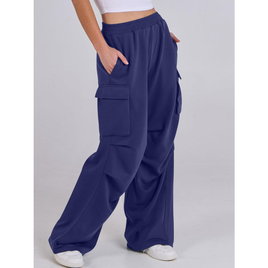 Elastic Waist Wide Leg Pants with Pockets Apparel and Accessories